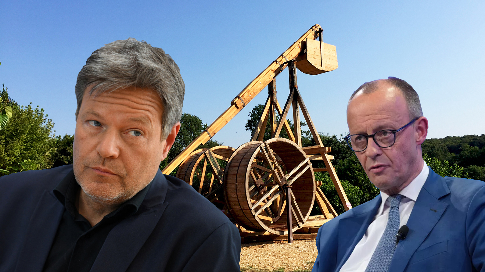 Abschiebe-Trebuchet mit Merz und Habeck