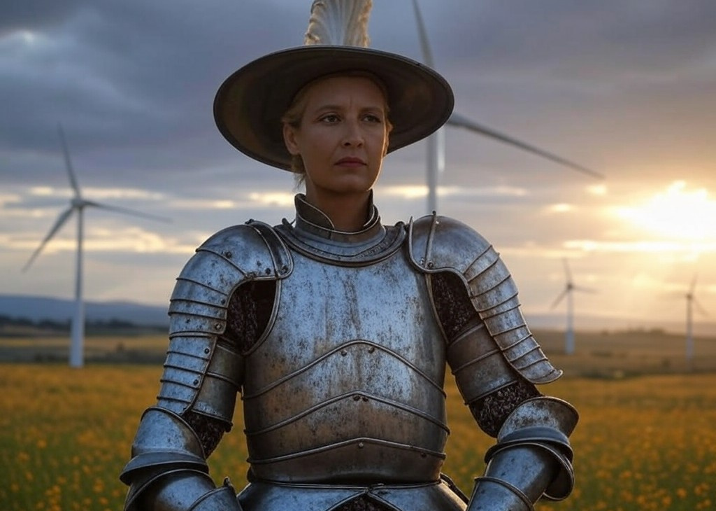 Weidel in Rüstung im Windpark