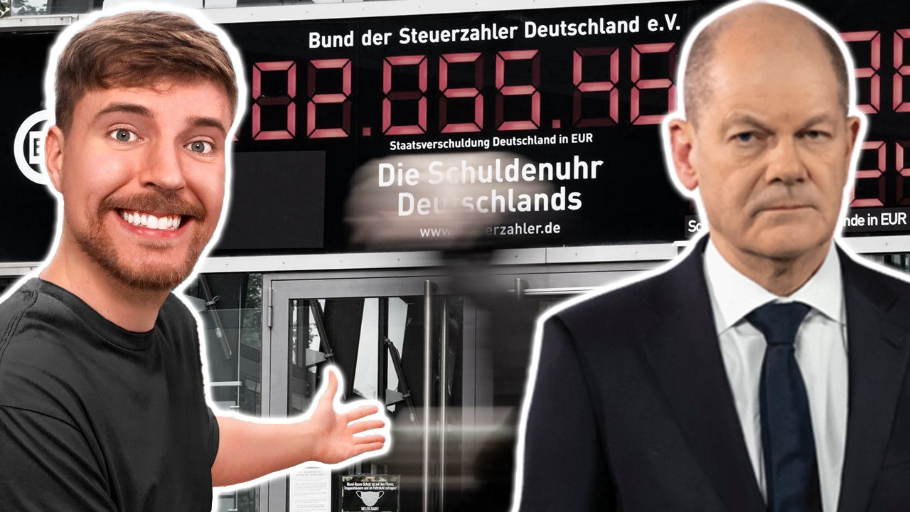 MrBeast mit Olaf Scholz vor der Schuldenuhr des Bund der Steuerzahler