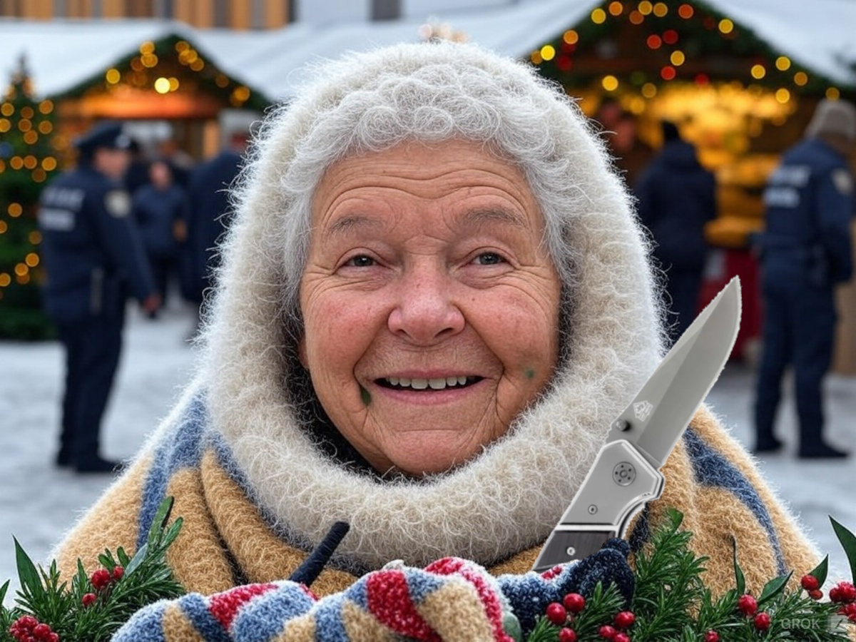 Oma mit Messer am Weihnachtsmarkt